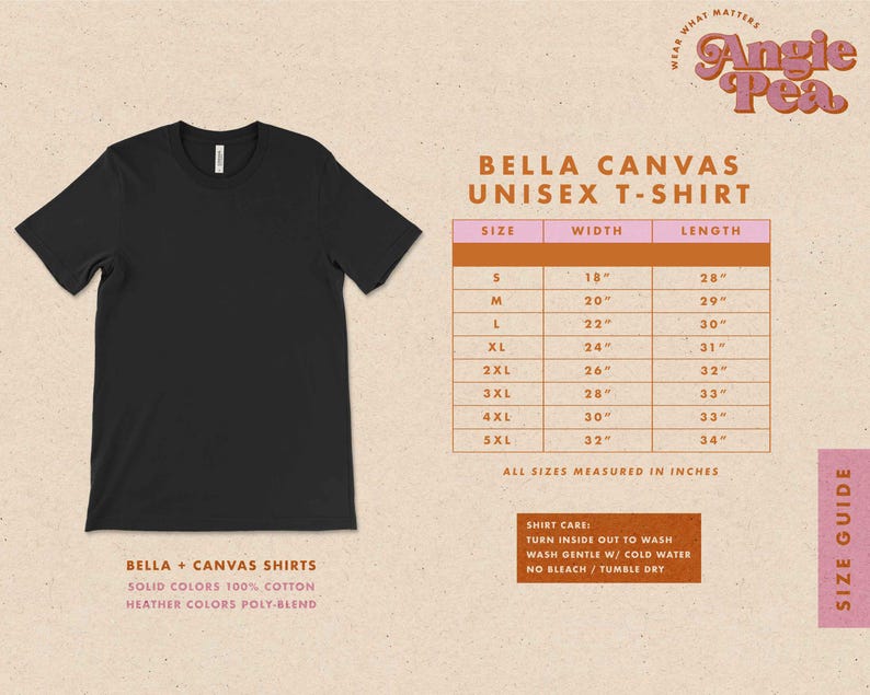 May include: Black unisex t-shirt with Bella + Canvas sizing chart. The chart shows sizes from S to 5XL with corresponding width and length measurements in inches. The shirt care instructions are also included: turn inside out to wash, wash gentle with cold water, no bleach, and tumble dry.