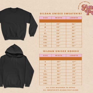 May include: Size chart for Gildan unisex sweatshirts and hoodies. The chart shows the width and length measurements in inches for sizes S through 5XL.