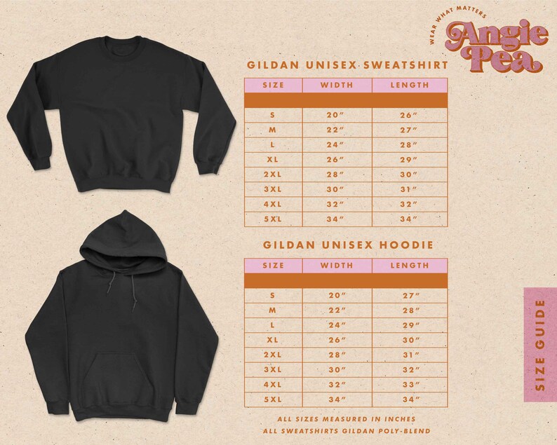 May include: Size chart for Gildan unisex sweatshirts and hoodies. The chart shows the width and length measurements in inches for sizes S through 5XL.