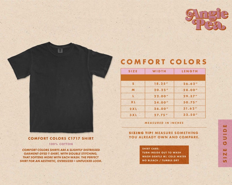 May include: A black, 100% cotton t-shirt with a distressed, garment-dyed look. The shirt has double stitching and a slightly oversized fit. The size chart shows measurements in inches for sizes S through 3XL.