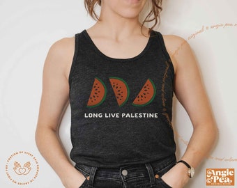 Könnte beinhalten: Ein schwarzes Tanktop mit einer Grafik von drei Wassermelonenstücken und dem Text "LONG LIVE PALESTINE".