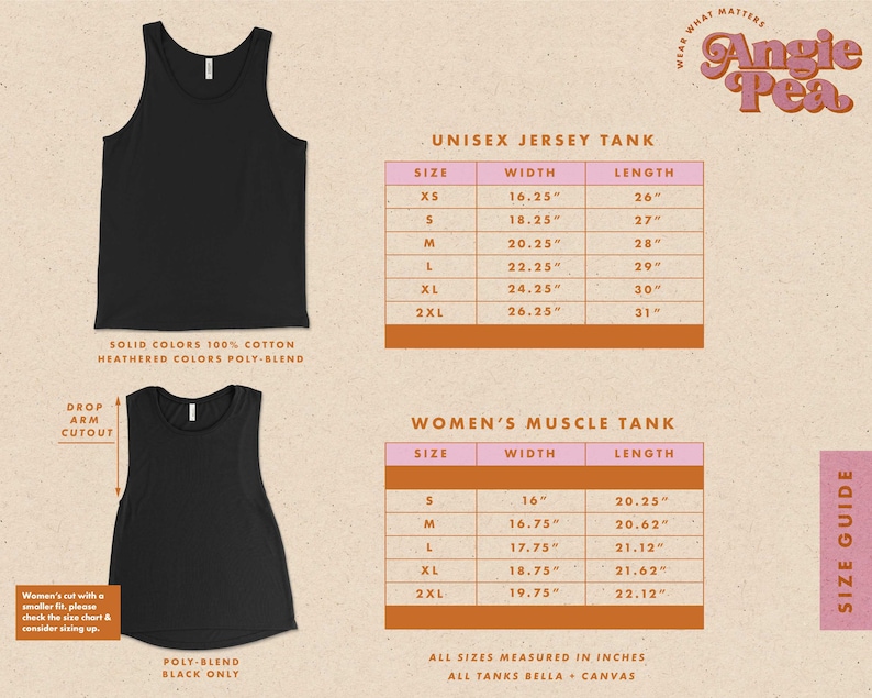 May include: Size chart for unisex jersey tank and women's muscle tank tops. The chart shows the width and length measurements in inches for each size, from XS to 2XL. The chart is on a beige background with a pink and orange border.