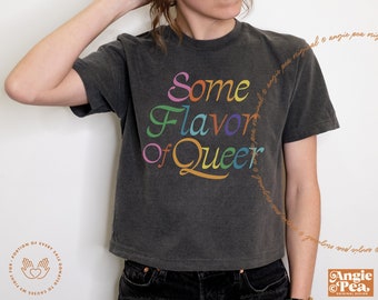 May include: Dark gray t-shirt with the text "Some Flavor of Queer" in rainbow colors. The shirt has a vintage, washed look. The design includes the Angie Pea Original Design logo.
