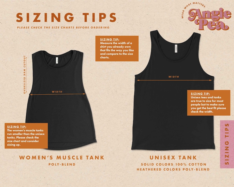 May include: Sizing tips for women's and unisex muscle tanks. The image shows two tank tops, one black and one gray, with measurements for width. The text "Sizing Tips" is at the top of the image, and the text "Women's Muscle Tank" and "Unisex Tank" are below the images. The text "Please check the size charts before ordering" is at the top of the image.