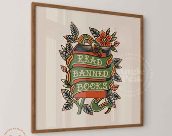 Reading Print, Read Banned Books Poster, Library Print