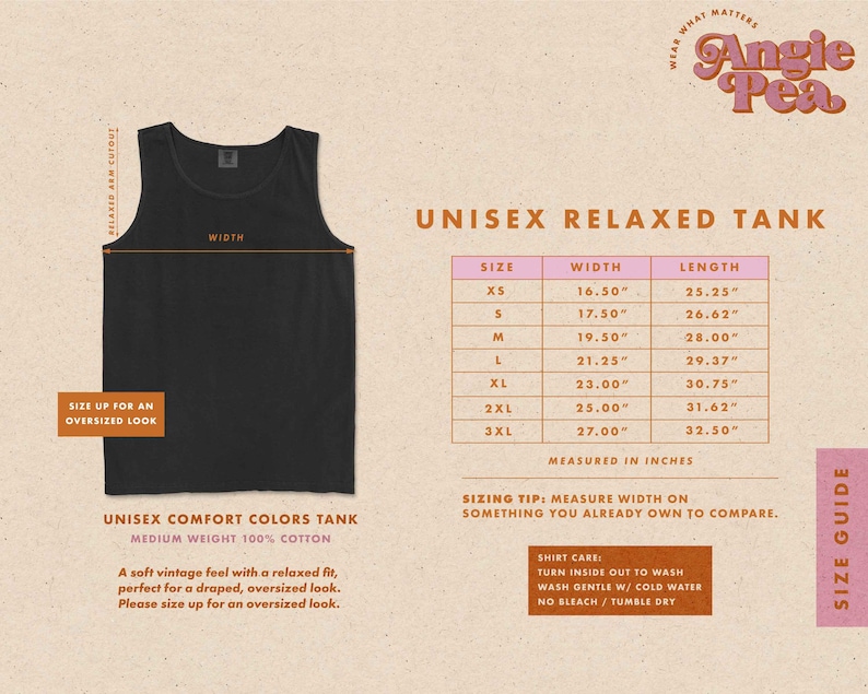 K&ouml;nnte beinhalten: Gr&ouml;&szlig;entabelle f&uuml;r ein Unisex-Relaxed-Tanktop mit Ma&szlig;en in Zoll. Die Tabelle zeigt die Breite und L&auml;nge des Tanktops in den Gr&ouml;&szlig;en XS bis 3XL. Das Tanktop besteht aus 100% Baumwolle.