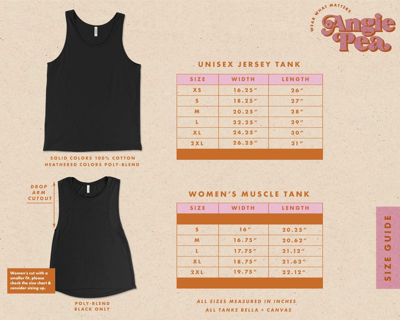 May include: Size chart for unisex jersey tank and women's muscle tank tops. The chart shows the width and length measurements in inches for each size, from XS to 2XL. The chart is on a beige background with a pink and orange border.