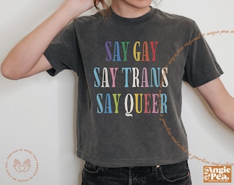 May include: A dark gray cropped t-shirt with the text "SAY GAY", "SAY TRANS", and "SAY QUEER" in rainbow colors.