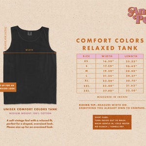 May include: A black tank top with the text "COMFORT COLORS RELAXED TANK" and a size chart with measurements in inches.