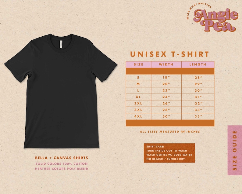 K&ouml;nnte beinhalten: Unisex-T-Shirt Gr&ouml;&szlig;entabelle mit Ma&szlig;en in Zoll. Die Tabelle zeigt die Gr&ouml;&szlig;en S bis 4XL mit den entsprechenden Breiten- und L&auml;ngenma&szlig;en. Die Tabelle befindet sich auf einem rosa Hintergrund mit braunem Rand.