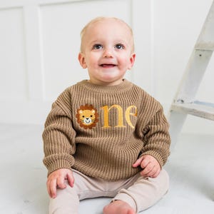 Custom Baby "Wild One" First Birthday Sweater -Safari Theme Birthday Sweater -Lion "One" Embroidered First Birthday Outfit-Boys Jungle Party