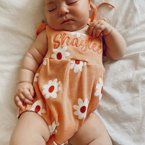 Baby Girl Name Embroidered Daisy Romper - Girls Personalized Floral Bubble - Baby Girl Customized Summer Outfit - Waffle Knit Floral Sunsuit