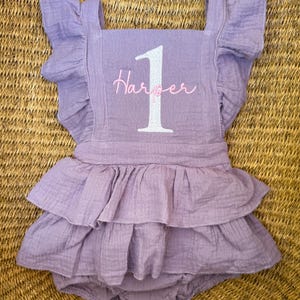 Embroidered First Birthday Romper: Custom Name Ruffle Outfit