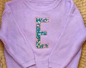 Girls Personalized Floral Initial Applique Sweater - Baby/Toddler Girls Monogram Letter Embroidered Sweater - Kids Customized Initial Top