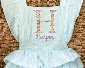 Baby Girls Floral Name Embroidered Romper - Toddler Girls Personalized Monogram Romper - Girls Customized Ruffle Romper - Muslin Outfit Baby