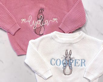 Peter Rabbit Birthday Sweater - Personalized Chunky Knit Bunny Storybook Milestone Baby Outfit