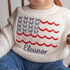 American Flag Sweater - Custom Name Coquette Patriotic Scalloped Chunky Knit Summer Holiday Outfit