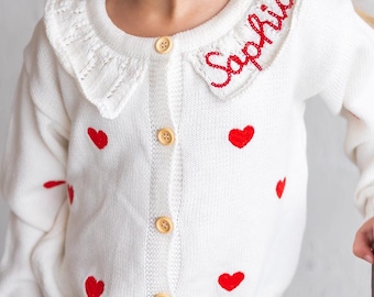 Girls Embroidered Heart Cardigan - Personalized Peter Pan Collar