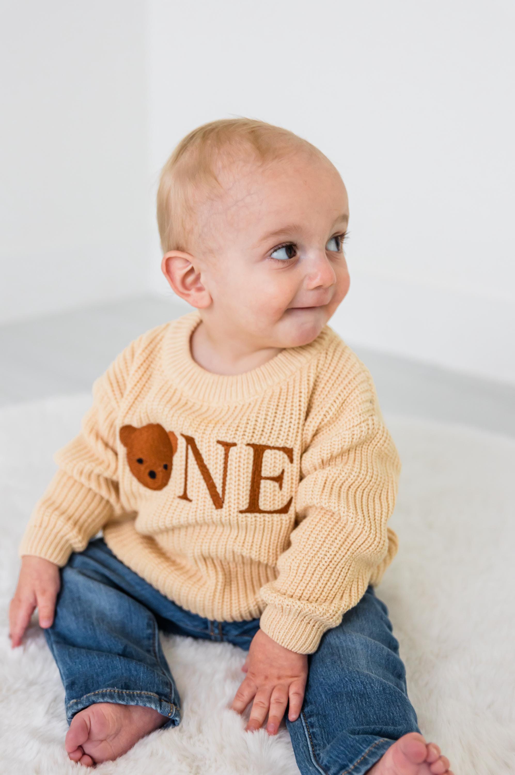 Teddy Bear First Birthday Sweater - Personalized Chunky Knit One Milestone Baby Outfit