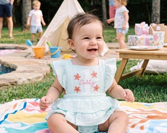Baby Girl Starfish Summer Romper – Floral Embroidered Ruffle Outfit (Muslin Cotton)