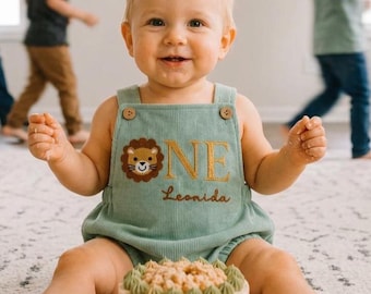 Wild One First Birthday Bubble Romper - Personalized Corduroy Lion Baby Outfit