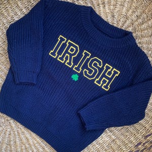 Baby/Toddler ND &quot;IRISH&quot; Embroidered Sweater - Kids Fighting Irish Football Knit Pullover - Toddler University of Notre Dame Football Sweater