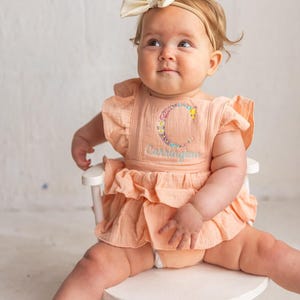 Floral Embroidered Baby Romper: Personalized Muslin Ruffle Outfit