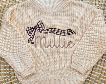 Personalized Baby Girl Knit Sweater – Embroidered Gingham Bow Name
