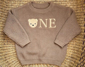 Baby Boys "Beary First Birthday" Sweater - One Embroidered Sweater With Teddy Bear Detail - Customized Bear Theme First Birthday Outfit