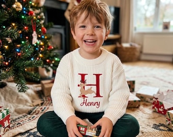Personalized Baby Christmas Sweater – Embroidered Monogram and Rudolf Reindeer