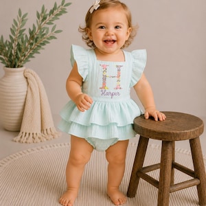 Baby/Toddler Girls Summer Romper - Floral Embroidered Ruffle Romper - Girls Monogram Outfit with Name
