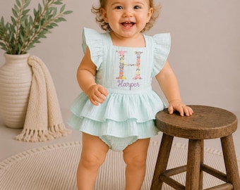 Combi-short d'été pour bébés/petites filles - Combi-short fleuri à volants brodés - Tenue monogramme pour filles avec nom