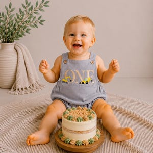 Construction First Birthday Romper - Boys Excavator Cake Smash Outfit - One Embroidered Birthday Overalls