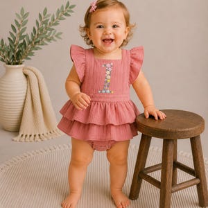 Floral 1 Embroidered Birthday Romper - Girls Wild One Flower Birthday Outfit