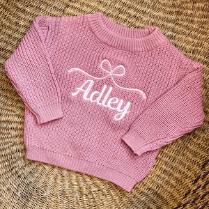 Baby/Toddler Girls Bow Embroidered Personalized Sweater - Girls Name Sweater With Bow Embroidery - Custom Bow Sweater Cursive Font Name