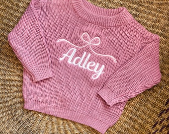 Baby/Toddler Girls Bow Embroidered Personalized Sweater - Girls Name Sweater With Bow Embroidery - Custom Bow Sweater Cursive Font Name