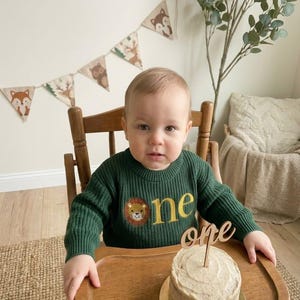 Peut inclure: Un bébé porte un pull vert avec un motif de lion et le mot "one" en jaune. Un petit gâteau avec un dessus de gâteau "one" est sur le plateau de la chaise haute. Une bannière avec des motifs d'animaux de la forêt est en arrière-plan.