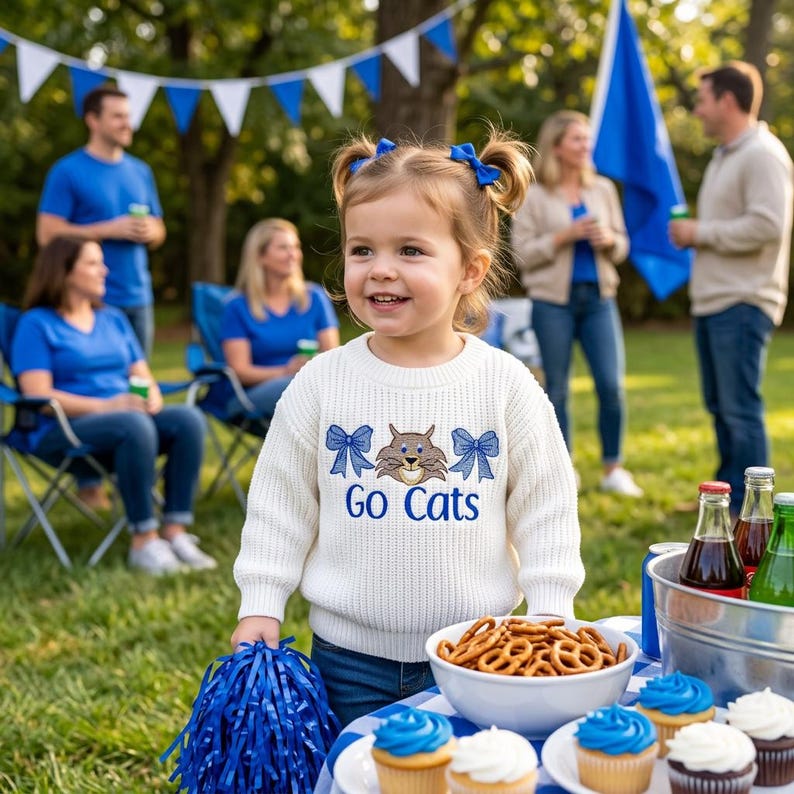 May include: A young child wearing a white sweater with the text "Go Cats" and a bobcat graphic. The sweater has blue bows embroidered on it. The child is holding a blue pom-pom and is surrounded by people at an outdoor gathering.