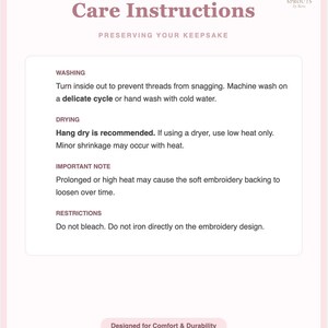 May include: A pink and white graphic with the text "Care Instructions" and "Preserving Your Keepsake." The text provides washing, drying, and care instructions for a product, including "Designed for Comfort & Durability."
