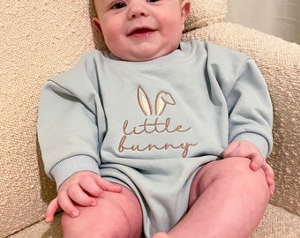 Barboteuse de Pâques brodée petit lapin bébé garçon - Combishort sweat brodé oreilles de lapin - Tenue de Pâques décontractée pour bébé/enfant en bas âge