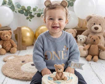 Embroidered Beary ONE Sweater – First Birthday Knit Top