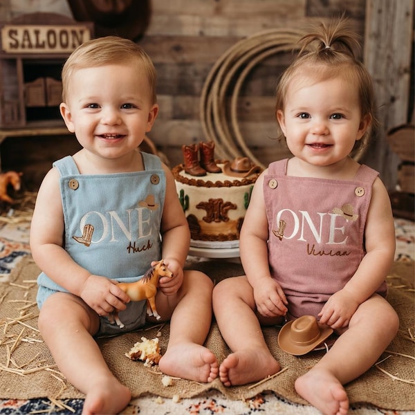 My First Rodeo Birthday Romper – Western Cowboy Outfit, Embroidered Corduroy Overalls