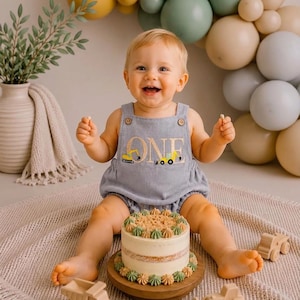 Construction First Birthday Romper - Boys Excavator Cake Smash Outfit - One Embroidered Birthday Overalls