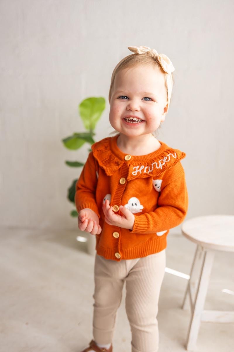 Personalized Halloween Ghost Cardigan - Custom Name Ruffle Collar Knit Spooky Holiday Baby Outfit