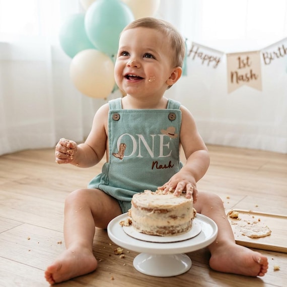 My First Rodeo Birthday Romper – Western Cowboy Outfit, Embroidered Corduroy Overalls