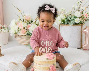 Embroidered First Birthday Sweater: Baby Girl Coquette Outfit