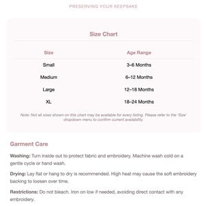 May include: A white size and care guide with the text "SIZE & CARE GUIDE" and "PRESERVING YOUR KEEPSAKE". The guide includes a size chart with sizes Small, Medium, Large, and XL, with corresponding age ranges. It also provides garment care instructions.