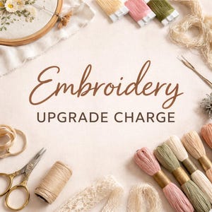 May include: An overhead shot of embroidery supplies, including a wooden embroidery hoop with floral embroidery, colorful thread spools, scissors, lace, and the text "Embroidery UPGRADE CHARGE" in a brown script font.