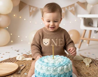 Embroidered Bear First Birthday Sweater - Custom Baby Outfit