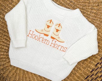 Embroidered Texas Boots Sweater: Kids Hook&#39;em Horns University of Texas